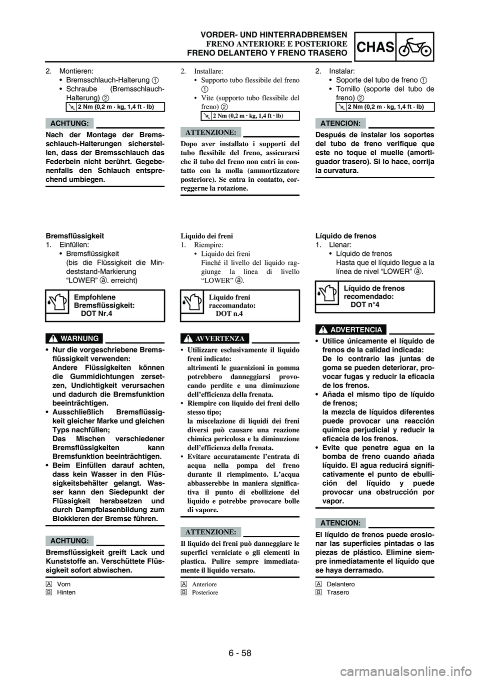 YAMAHA WR 250F 2007 Notices Demploi (in French) 6 - 58
CHAS
2. Montieren:
Bremsschlauch-Halterung
1
Schraube (Bremsschlauch-
Halterung)
2
ACHTUNG:
Nach der Montage der Brems-
schlauch-Halterungen sicherstel-
len, dass der Bremsschlauch das
Fe YAMAHA WR 250F 2007 Notices Demploi (in French) 6 - 58
CHAS
2. Montieren:
Bremsschlauch-Halterung
1
Schraube (Bremsschlauch-
Halterung)
2
ACHTUNG:
Nach der Montage der Brems-
schlauch-Halterungen sicherstel-
len, dass der Bremsschlauch das
Fe