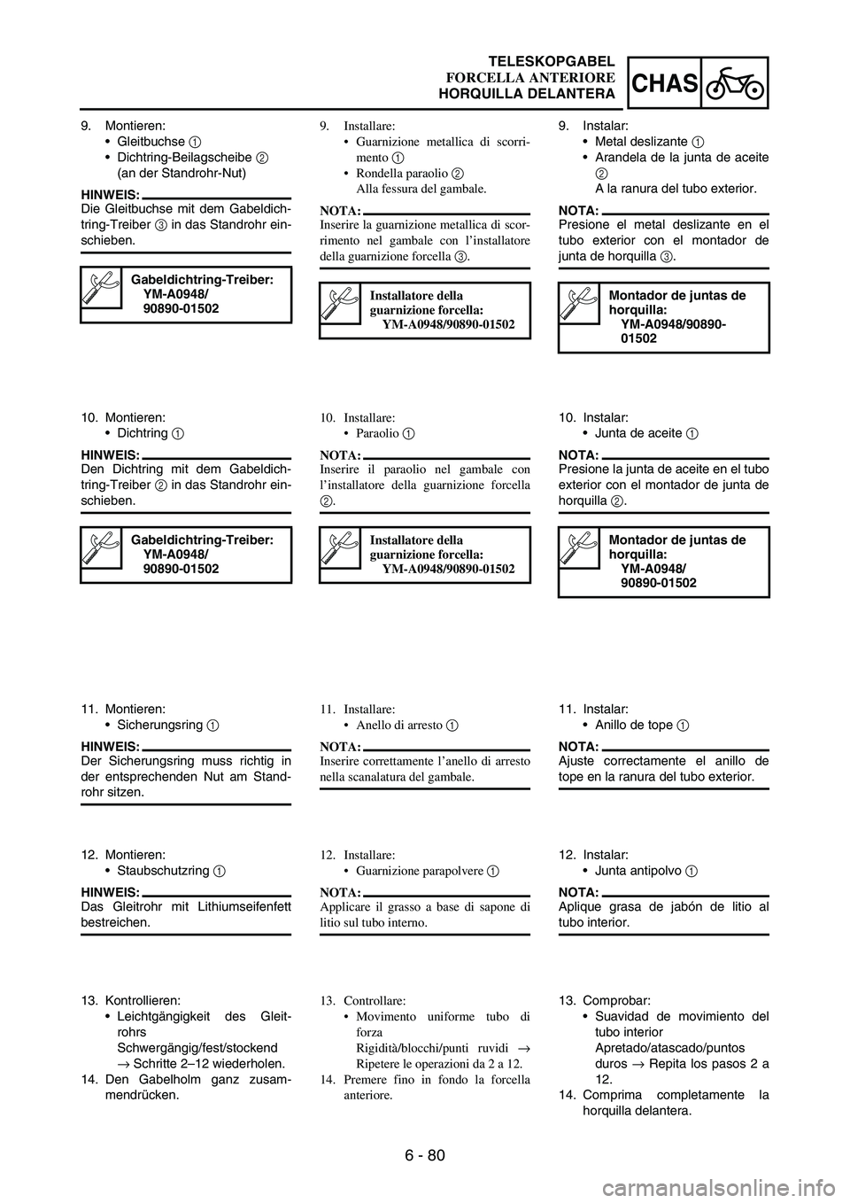 YAMAHA WR 250F 2007 Notices Demploi (in French) 6 - 80
CHAS
9. Montieren:
Gleitbuchse
1
Dichtring-Beilagscheibe
2
(an der Standrohr-Nut)
HINWEIS:
Die Gleitbuchse mit dem Gabeldich-
tring-Treiber
3 in das Standrohr ein-
schieben.
Gabeldichtri YAMAHA WR 250F 2007 Notices Demploi (in French) 6 - 80
CHAS
9. Montieren:
Gleitbuchse
1
Dichtring-Beilagscheibe
2
(an der Standrohr-Nut)
HINWEIS:
Die Gleitbuchse mit dem Gabeldich-
tring-Treiber
3 in das Standrohr ein-
schieben.
Gabeldichtri