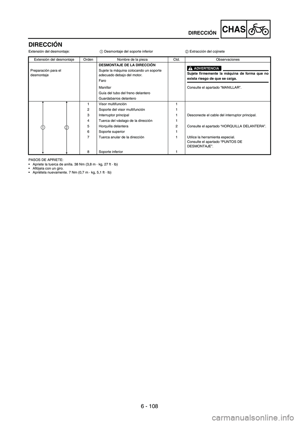 YAMAHA WR 250F 2007 Notices Demploi (in French) 6 - 108
CHAS
DIRECCIÓN
Extensión del desmontaje:
1 Desmontaje del soporte inferior
2 Extracción del cojinete
PASOS DE APRIETE:
•Apriete la tuerca de anilla. 38 Nm (3,8 m · kg, 27 ft · lb)
•Af YAMAHA WR 250F 2007 Notices Demploi (in French) 6 - 108
CHAS
DIRECCIÓN
Extensión del desmontaje:
1 Desmontaje del soporte inferior
2 Extracción del cojinete
PASOS DE APRIETE:
•Apriete la tuerca de anilla. 38 Nm (3,8 m · kg, 27 ft · lb)
•Af