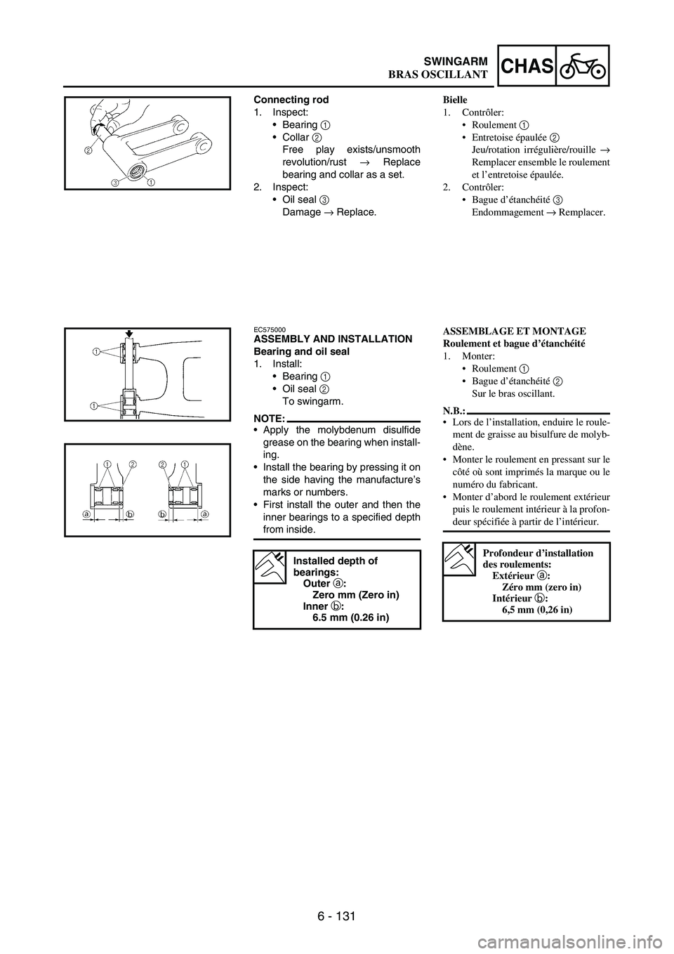 YAMAHA WR 250F 2007 Notices Demploi (in French) 6 - 131
CHASSWINGARM
Connecting rod
1. Inspect:
•Bearing
1
•Collar
2
Free play exists/unsmooth
revolution/rust
→ Replace
bearing and collar as a set.
2. Inspect:
•Oil seal
3
Damage
→ YAMAHA WR 250F 2007 Notices Demploi (in French) 6 - 131
CHASSWINGARM
Connecting rod
1. Inspect:
•Bearing
1
•Collar
2
Free play exists/unsmooth
revolution/rust
→ Replace
bearing and collar as a set.
2. Inspect:
•Oil seal
3
Damage
→