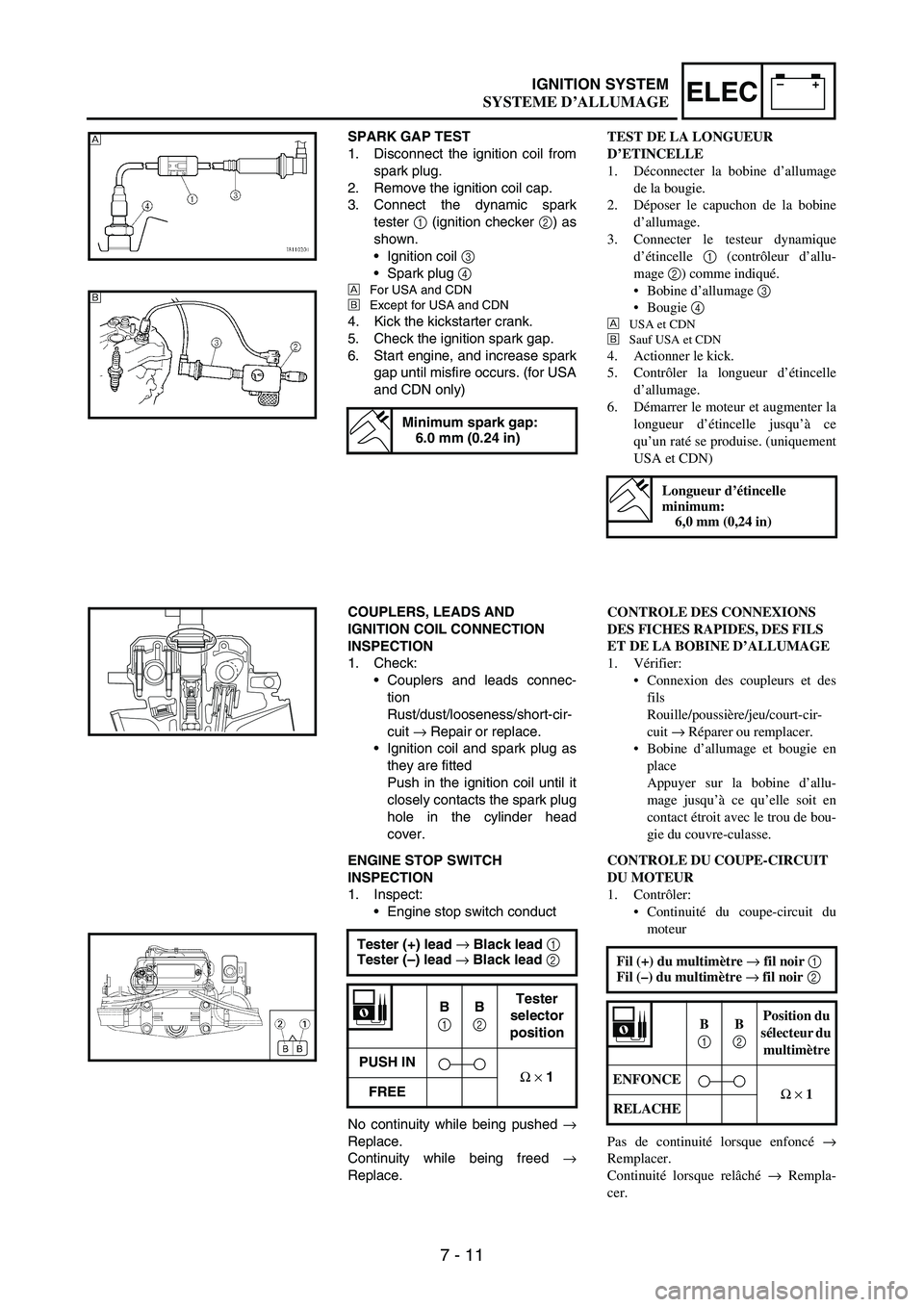 YAMAHA WR 250F 2007 Owners Guide 7 - 11
–+ELECIGNITION SYSTEM
SPARK GAP TEST
1. Disconnect the ignition coil from
spark plug.
2. Remove the ignition coil cap.
3. Connect the dynamic spark
tester
1 (ignition checker
2) as
shown.
YAMAHA WR 250F 2007 Owners Guide 7 - 11
–+ELECIGNITION SYSTEM
SPARK GAP TEST
1. Disconnect the ignition coil from
spark plug.
2. Remove the ignition coil cap.
3. Connect the dynamic spark
tester
1 (ignition checker
2) as
shown.