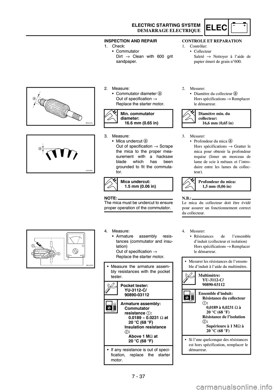 YAMAHA WR 250F 2007 Notices Demploi (in French) 7 - 37
–+ELECELECTRIC STARTING SYSTEM
INSPECTION AND REPAIR
1. Check:
•Commutator
Dirt
→ Clean with 600 grit
sandpaper.
2. Measure:
•Commutator diameter
a
Out of specification
→
Repl YAMAHA WR 250F 2007 Notices Demploi (in French) 7 - 37
–+ELECELECTRIC STARTING SYSTEM
INSPECTION AND REPAIR
1. Check:
•Commutator
Dirt
→ Clean with 600 grit
sandpaper.
2. Measure:
•Commutator diameter
a
Out of specification
→
Repl