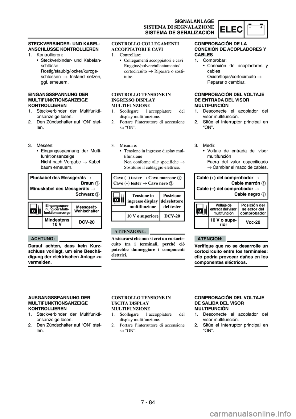 YAMAHA WR 250F 2007 Owners Guide 7 - 84
–+ELEC
STECKVERBINDER- UND KABEL-
ANSCHLÜSSE KONTROLLIEREN
1. Kontrollieren:
•Steckverbinder- und Kabelan-
schlüsse
Rostig/staubig/locker/kurzge-
schlossen
→ Instand setzen,
ggf. erneu YAMAHA WR 250F 2007 Owners Guide 7 - 84
–+ELEC
STECKVERBINDER- UND KABEL-
ANSCHLÜSSE KONTROLLIEREN
1. Kontrollieren:
•Steckverbinder- und Kabelan-
schlüsse
Rostig/staubig/locker/kurzge-
schlossen
→ Instand setzen,
ggf. erneu