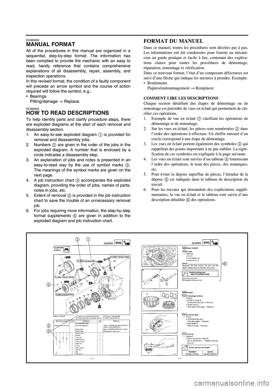 YAMAHA WR 250F 2006 Manuale de Empleo (in Spanish) EC083000
MANUAL FORMAT
All of the procedures in this manual are organized in a
sequential, step-by-step format. The information has
been complied to provide the mechanic with an easy to
read, handy re YAMAHA WR 250F 2006 Manuale de Empleo (in Spanish) EC083000
MANUAL FORMAT
All of the procedures in this manual are organized in a
sequential, step-by-step format. The information has
been complied to provide the mechanic with an easy to
read, handy re