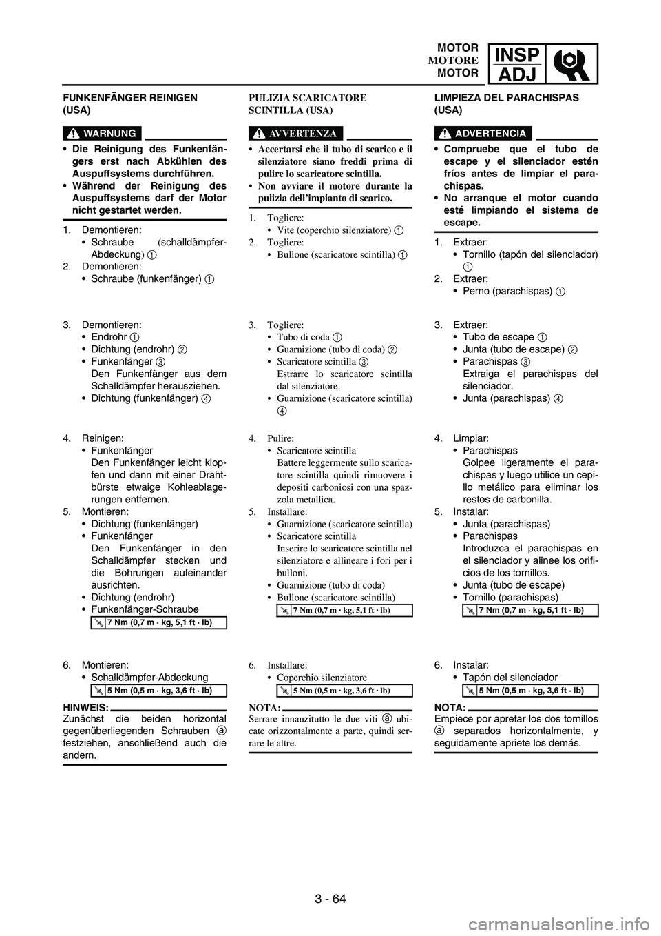 YAMAHA WR 250F 2006 Manuale de Empleo (in Spanish) INSP
ADJ
3 - 64
FUNKENFÄNGER REINIGEN
(USA)
WARNUNG
Die Reinigung des Funkenfän-
gers erst nach Abkühlen des
Auspuffsystems durchführen.
Während der Reinigung des
Auspuffsystems darf der Motor YAMAHA WR 250F 2006 Manuale de Empleo (in Spanish) INSP
ADJ
3 - 64
FUNKENFÄNGER REINIGEN
(USA)
WARNUNG
Die Reinigung des Funkenfän-
gers erst nach Abkühlen des
Auspuffsystems durchführen.
Während der Reinigung des
Auspuffsystems darf der Motor