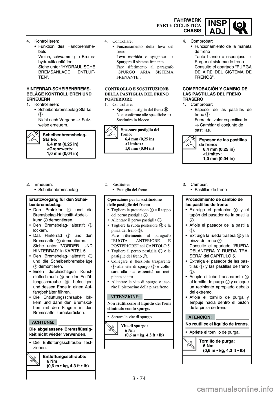 YAMAHA WR 250F 2006 Manuale de Empleo (in Spanish) INSP
ADJ
3 - 74
4. Kontrollieren:
Funktion des Handbremshe-
bels
Weich, schwammig
→ Brems-
hydraulik entlüften.
Siehe unter “HYDRAULISCHE
BREMSANLAGE ENTLÜF-
TEN”.
HINTERRAD-SCHEIBENBREMS-
B YAMAHA WR 250F 2006 Manuale de Empleo (in Spanish) INSP
ADJ
3 - 74
4. Kontrollieren:
Funktion des Handbremshe-
bels
Weich, schwammig
→ Brems-
hydraulik entlüften.
Siehe unter “HYDRAULISCHE
BREMSANLAGE ENTLÜF-
TEN”.
HINTERRAD-SCHEIBENBREMS-
B