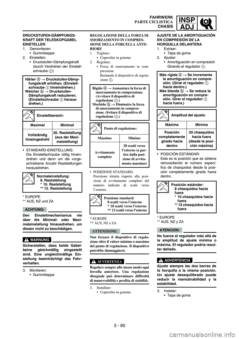 YAMAHA WR 250F 2006  Manuale de Empleo (in Spanish) INSP
ADJ
3 - 90
DRUCKSTUFEN-DÄMPFUNGS-
KRAFT DER TELESKOPGABEL 
EINSTELLEN
1. Demontieren:
Gummikappe
2. Einstellen:
Druckstufen-Dämpfungskraft
(durch Verdrehen der Einstell-
schraube 
1)
STANDAR