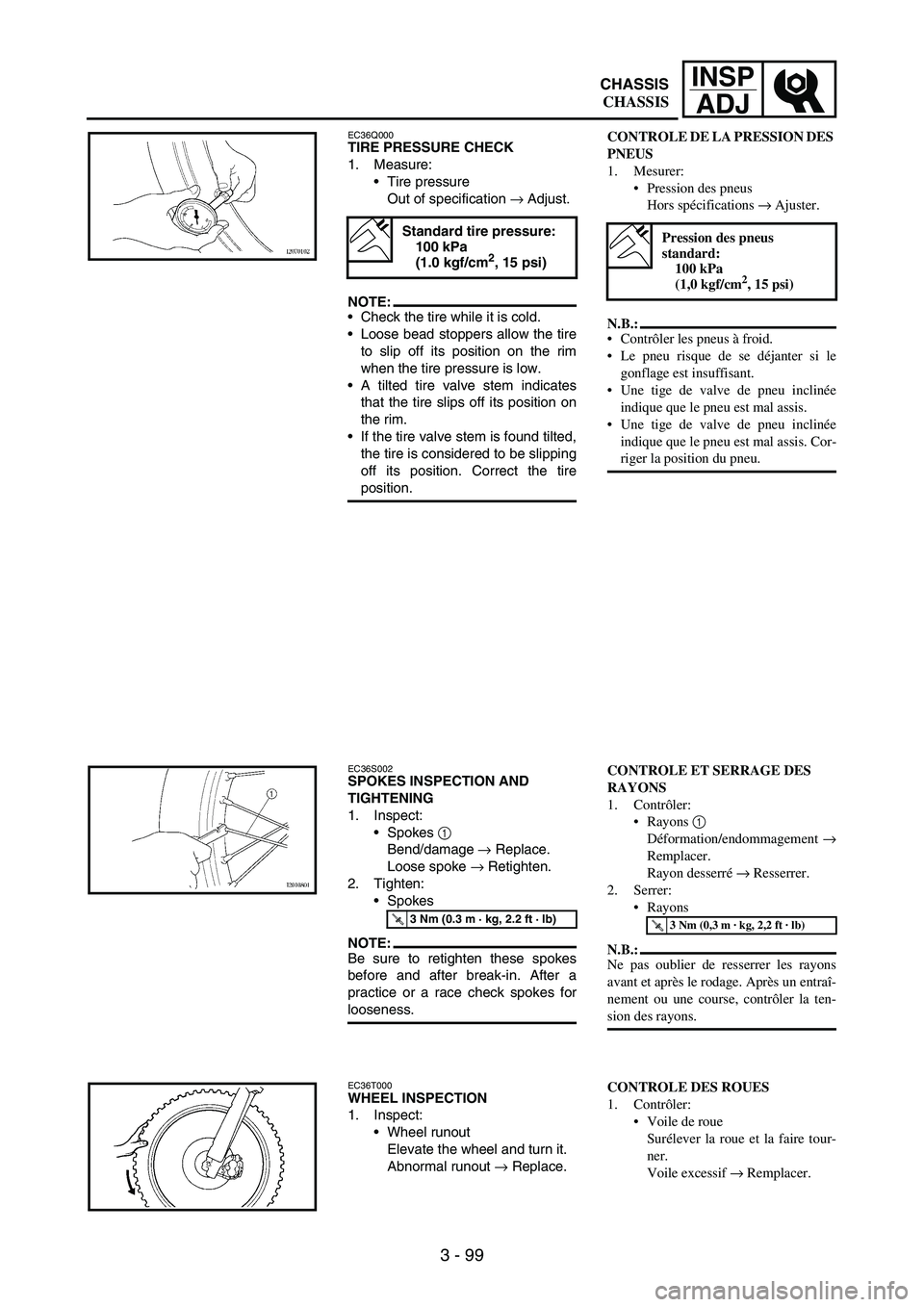 YAMAHA WR 250F 2006 Manuale de Empleo (in Spanish) 3 - 99
INSP
ADJ
EC36Q000TIRE PRESSURE CHECK
1. Measure:
Tire pressure
Out of specification
→ Adjust.
NOTE:Check the tire while it is cold.
Loose bead stoppers allow the tire
to slip off its posi YAMAHA WR 250F 2006 Manuale de Empleo (in Spanish) 3 - 99
INSP
ADJ
EC36Q000TIRE PRESSURE CHECK
1. Measure:
Tire pressure
Out of specification
→ Adjust.
NOTE:Check the tire while it is cold.
Loose bead stoppers allow the tire
to slip off its posi