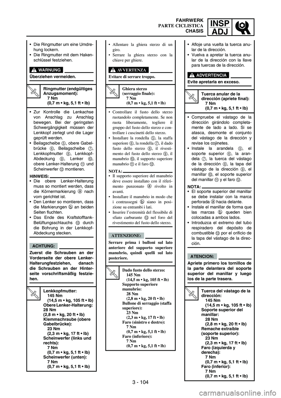 YAMAHA WR 250F 2006  Manuale de Empleo (in Spanish) INSP
ADJ
3 - 104
Die Ringmutter um eine Umdre-
hung lockern.
Die Ringmutter mit dem Haken-
schlüssel festziehen.
WARNUNG
Überziehen vermeiden.
T R..
Ringmutter (endgültiges 
Anzugsmoment):
7 Nm 
