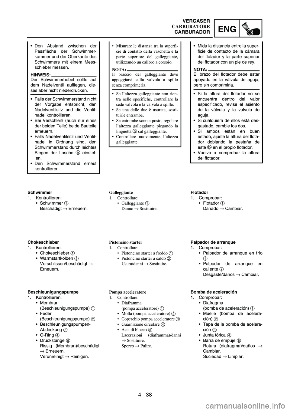 YAMAHA WR 250F 2006 Manuale de Empleo (in Spanish) 4 - 38
ENG
Den Abstand zwischen der
Passfläche der Schwimmer-
kammer und der Oberkante des
Schwimmers mit einem Mess-
schieber messen.
HINWEIS:
Der Schwimmerhebel sollte auf
dem Nadelventil aufliege YAMAHA WR 250F 2006 Manuale de Empleo (in Spanish) 4 - 38
ENG
Den Abstand zwischen der
Passfläche der Schwimmer-
kammer und der Oberkante des
Schwimmers mit einem Mess-
schieber messen.
HINWEIS:
Der Schwimmerhebel sollte auf
dem Nadelventil aufliege