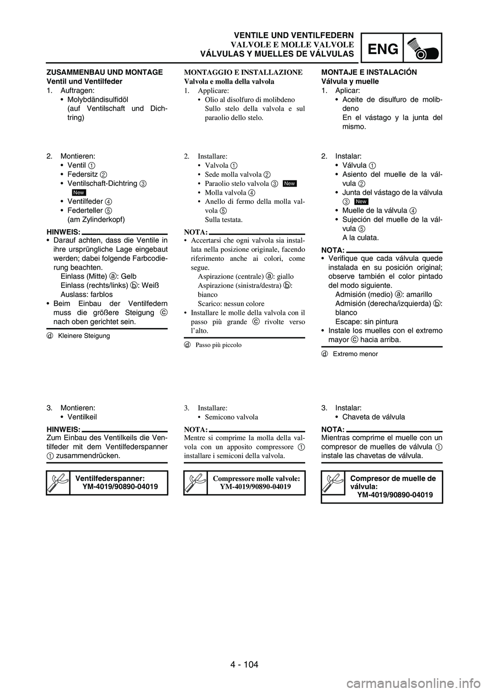 YAMAHA WR 250F 2006 Manuale de Empleo (in Spanish) 4 - 104
ENG
ZUSAMMENBAU UND MONTAGE
Ventil und Ventilfeder
1. Auftragen:
Molybdändisulfidöl
(auf Ventilschaft und Dich-
tring)
2. Montieren:
Ventil
1
Federsitz
2
Ventilschaft-Dichtring
3
YAMAHA WR 250F 2006 Manuale de Empleo (in Spanish) 4 - 104
ENG
ZUSAMMENBAU UND MONTAGE
Ventil und Ventilfeder
1. Auftragen:
Molybdändisulfidöl
(auf Ventilschaft und Dich-
tring)
2. Montieren:
Ventil
1
Federsitz
2
Ventilschaft-Dichtring
3
