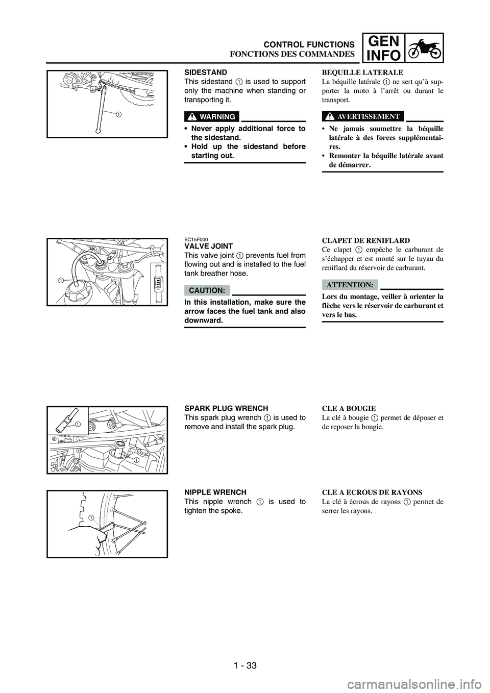 YAMAHA WR 250F 2006 Owners Manual 1 - 33
GEN
INFO
SIDESTAND
This sidestand
1 is used to support
only the machine when standing or
transporting it.
WARNING
Never apply additional force to
the sidestand.
Hold up the sidestand before
YAMAHA WR 250F 2006 Owners Manual 1 - 33
GEN
INFO
SIDESTAND
This sidestand
1 is used to support
only the machine when standing or
transporting it.
WARNING
Never apply additional force to
the sidestand.
Hold up the sidestand before