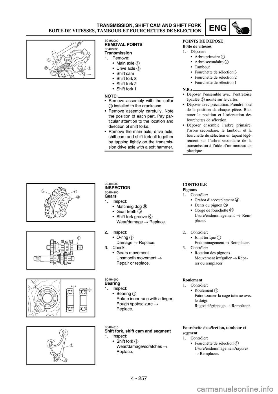 YAMAHA WR 250F 2006 Manuale de Empleo (in Spanish) 4 - 257
ENGTRANSMISSION, SHIFT CAM AND SHIFT FORK
EC4H3000REMOVAL POINTSEC4H3230Transmission
1. Remove:
Main axle
1
Drive axle
2
Shift cam
Shift fork 3
Shift fork 2
Shift fork 1
NOTE:Rem YAMAHA WR 250F 2006 Manuale de Empleo (in Spanish) 4 - 257
ENGTRANSMISSION, SHIFT CAM AND SHIFT FORK
EC4H3000REMOVAL POINTSEC4H3230Transmission
1. Remove:
Main axle
1
Drive axle
2
Shift cam
Shift fork 3
Shift fork 2
Shift fork 1
NOTE:Rem