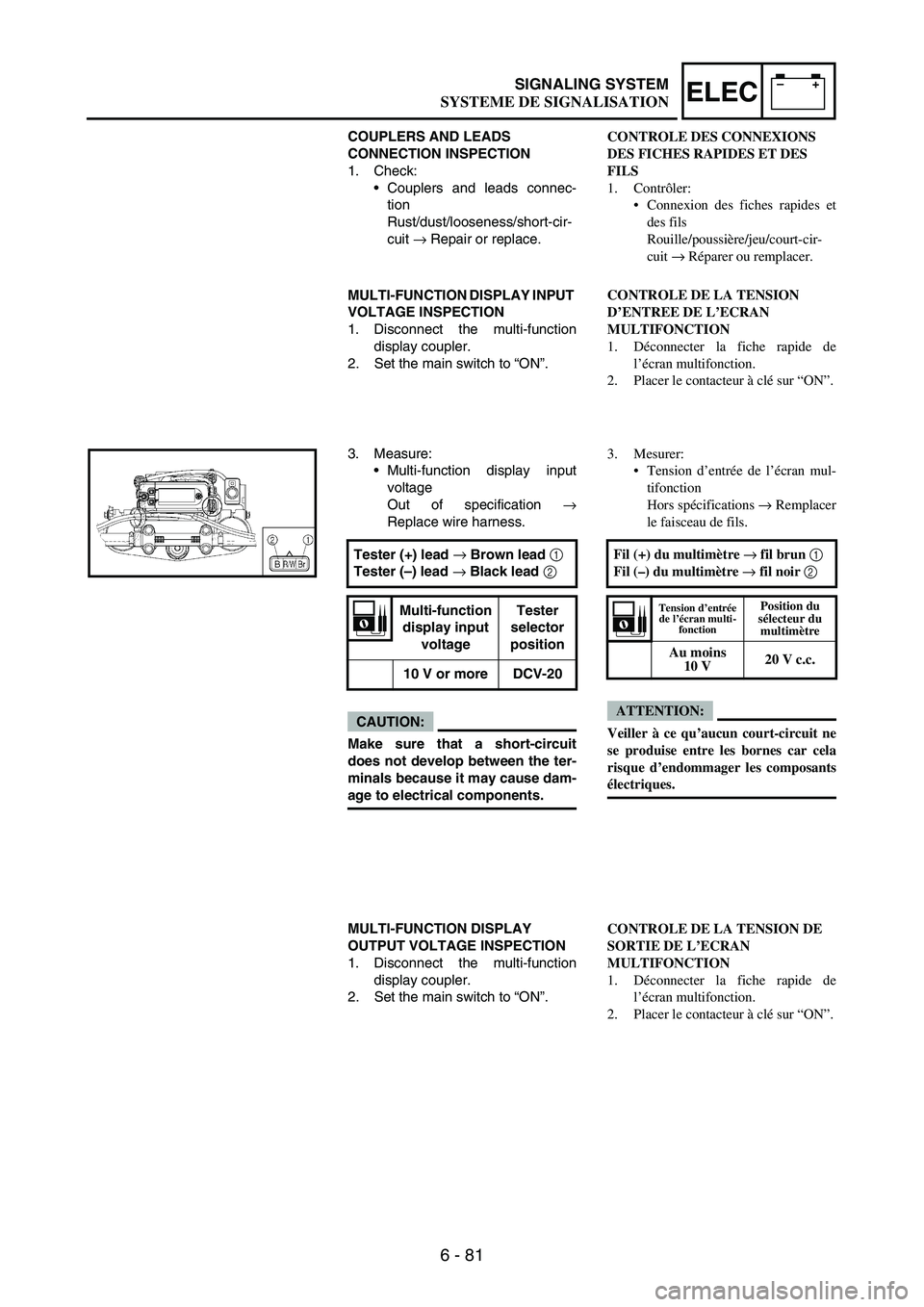 YAMAHA WR 250F 2006  Manuale de Empleo (in Spanish) 6 - 81
–+ELECSIGNALING SYSTEM
COUPLERS AND LEADS 
CONNECTION INSPECTION
1. Check:
•Couplers and leads connec-
tion
Rust/dust/looseness/short-cir-
cuit 
→ Repair or replace.
MULTI-FUNCTION DISPLA