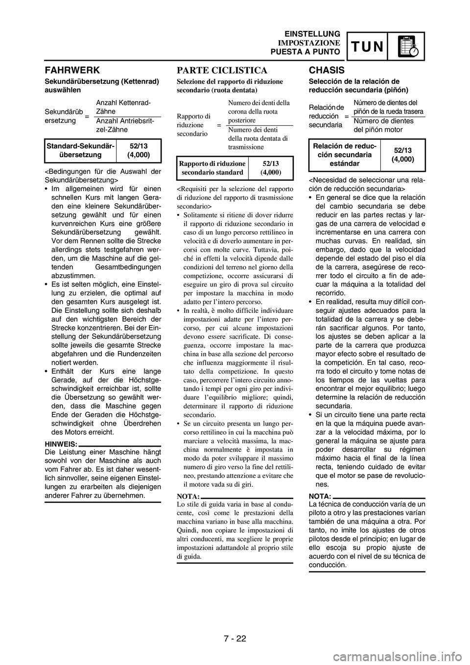 YAMAHA WR 250F 2006 Manuale de Empleo (in Spanish) 7 - 22
TUN
FAHRWERK
Sekundärübersetzung (Kettenrad)
auswählen
<Bedingungen für die Auswahl der
Sekundärübersetzung>
•Im allgemeinen wird für einen
schnellen Kurs mit langen Gera-
den eine kl YAMAHA WR 250F 2006 Manuale de Empleo (in Spanish) 7 - 22
TUN
FAHRWERK
Sekundärübersetzung (Kettenrad)
auswählen
<Bedingungen für die Auswahl der
Sekundärübersetzung>
•Im allgemeinen wird für einen
schnellen Kurs mit langen Gera-
den eine kl