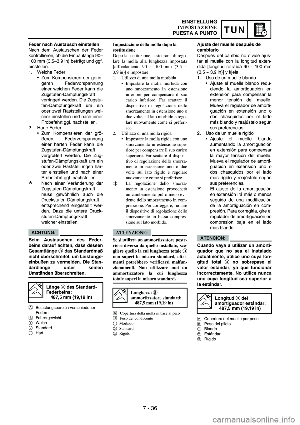 YAMAHA WR 250F 2006 Manuale de Empleo (in Spanish) 7 - 36
TUN
Feder nach Austausch einstellen
Nach dem Austauschen der Feder
kontrollieren, ob die Einbaulänge 90–
100 mm (3,5–3,9 in) beträgt und ggf.
einstellen.
1. Weiche Feder
•Zum Kompensier YAMAHA WR 250F 2006 Manuale de Empleo (in Spanish) 7 - 36
TUN
Feder nach Austausch einstellen
Nach dem Austauschen der Feder
kontrollieren, ob die Einbaulänge 90–
100 mm (3,5–3,9 in) beträgt und ggf.
einstellen.
1. Weiche Feder
•Zum Kompensier