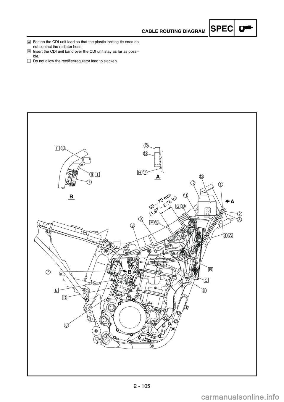 YAMAHA WR 250F 2005 Manuale de Empleo (in Spanish) SPEC
2 - 105
ÎFasten the CDI unit lead so that the plastic locking tie ends do
not contact the radiator hose.
ÏInsert the CDI unit band over the CDI unit stay as far as possi-
ble.
ÐDo not allow th YAMAHA WR 250F 2005 Manuale de Empleo (in Spanish) SPEC
2 - 105
ÎFasten the CDI unit lead so that the plastic locking tie ends do
not contact the radiator hose.
ÏInsert the CDI unit band over the CDI unit stay as far as possi-
ble.
ÐDo not allow th