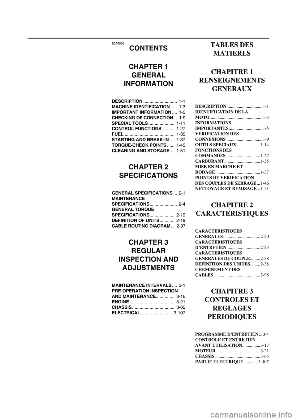 YAMAHA WR 250F 2005  Manuale de Empleo (in Spanish) E0A0000
CONTENTS
CHAPTER 1
GENERAL 
INFORMATION
DESCRIPTION...........................  1-1
MACHINE IDENTIFICATION.....  1-3
IMPORTANT INFORMATION....  1-5
CHECKING OF CONNECTION...  1-9
SPECIAL TOOLS