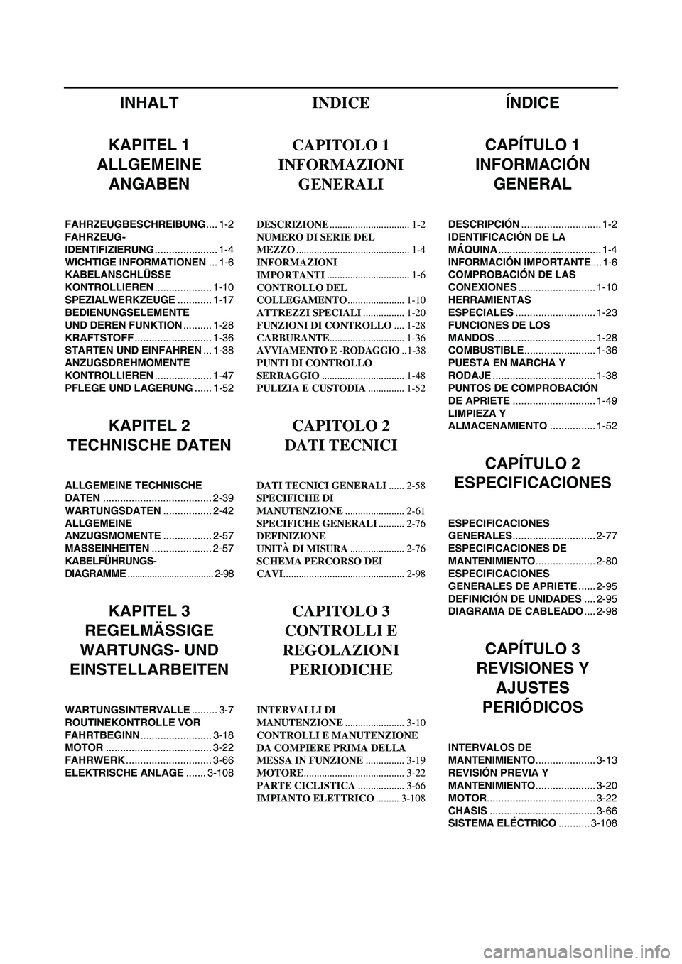 YAMAHA WR 250F 2005  Manuale de Empleo (in Spanish) INHALT
KAPITEL 1
ALLGEMEINE 
ANGABEN
FAHRZEUGBESCHREIBUNG.... 1-2
FAHRZEUG-
IDENTIFIZIERUNG...................... 1-4
WICHTIGE INFORMATIONEN... 1-6
KABELANSCHLÜSSE 
KONTROLLIEREN.................... 