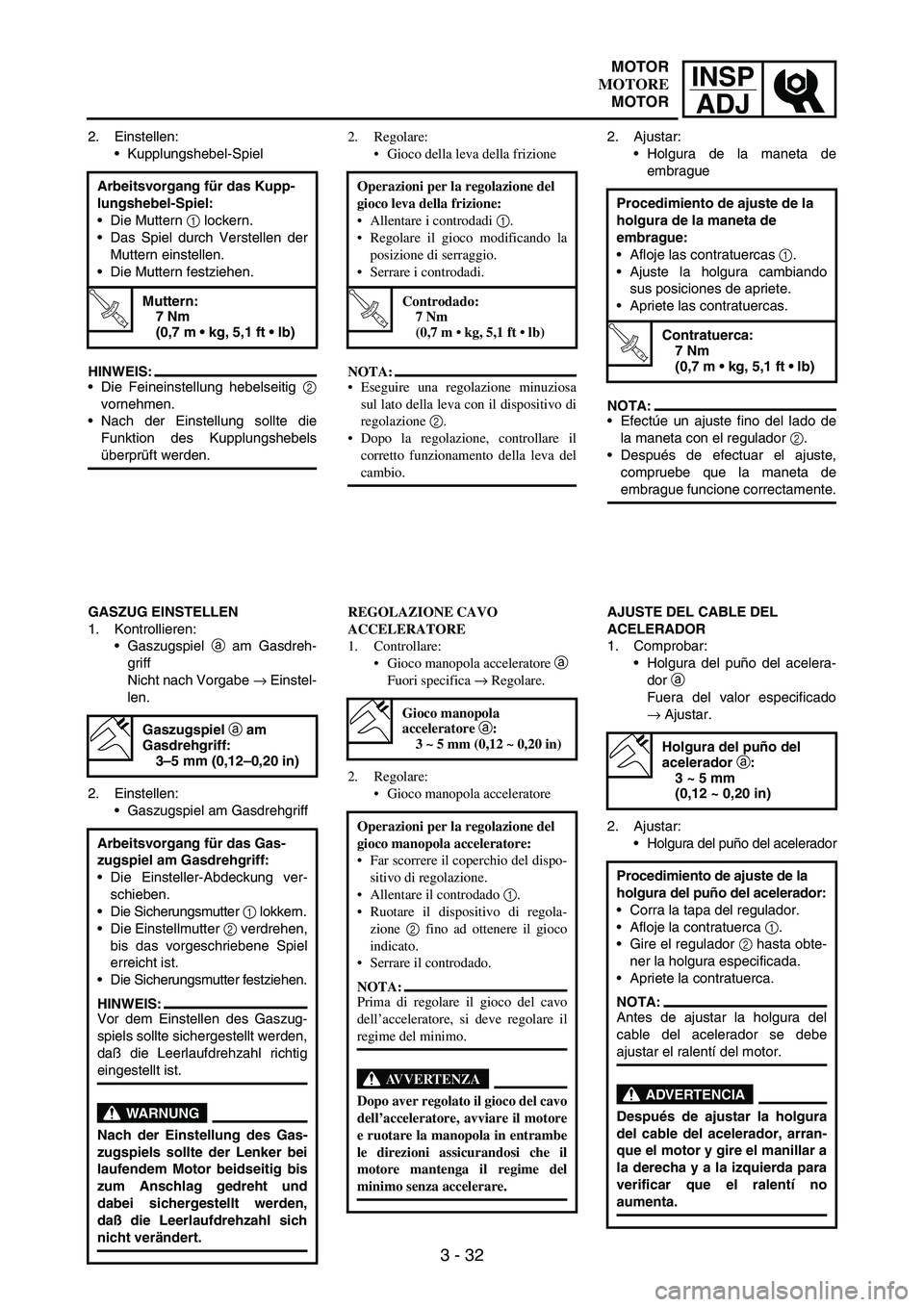 YAMAHA WR 250F 2005 Manuale de Empleo (in Spanish) INSP
ADJ
3 - 32
2. Einstellen:
Kupplungshebel-Spiel
HINWEIS:
Die Feineinstellung hebelseitig
2
vornehmen.
Nach der Einstellung sollte die
Funktion des Kupplungshebels
überprüft werden. Arbeitsvo YAMAHA WR 250F 2005 Manuale de Empleo (in Spanish) INSP
ADJ
3 - 32
2. Einstellen:
Kupplungshebel-Spiel
HINWEIS:
Die Feineinstellung hebelseitig
2
vornehmen.
Nach der Einstellung sollte die
Funktion des Kupplungshebels
überprüft werden. Arbeitsvo