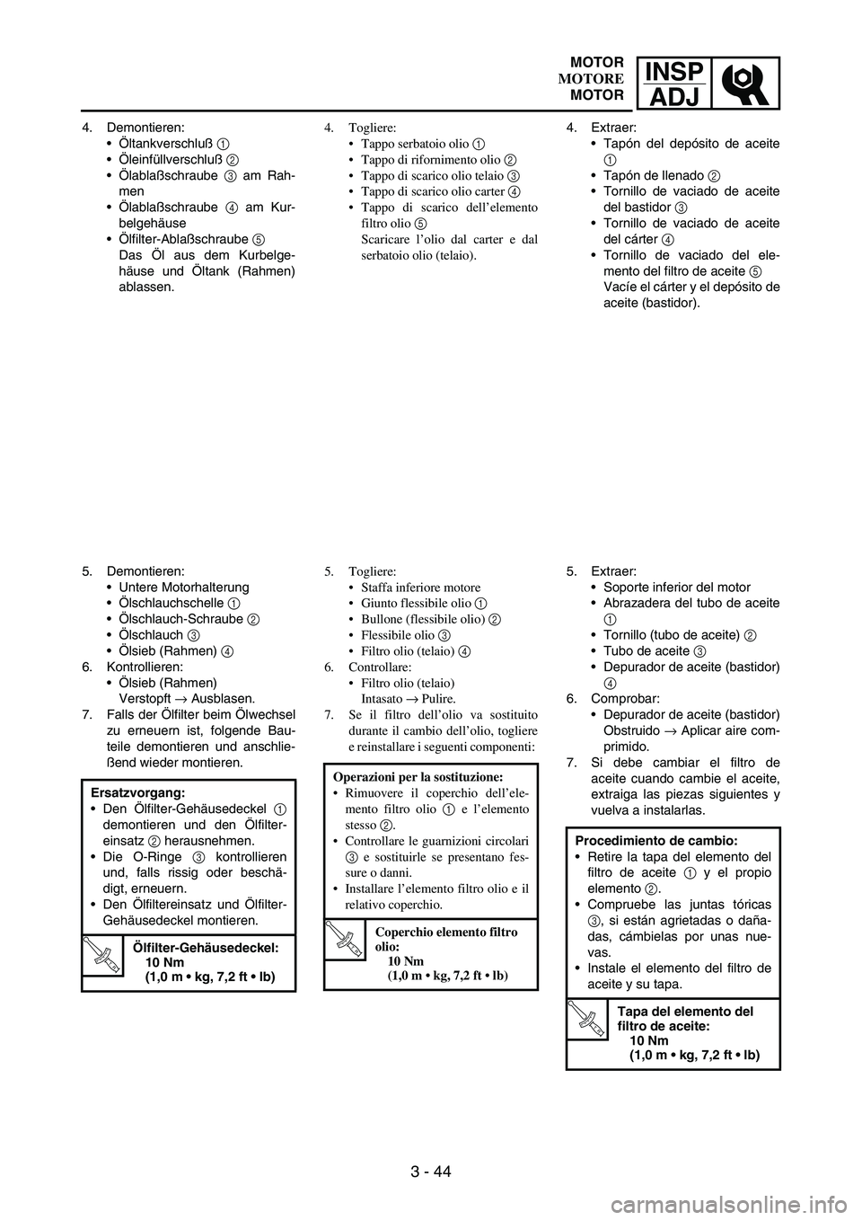 YAMAHA WR 250F 2005 Manuale de Empleo (in Spanish) INSP
ADJ
3 - 44
4. Demontieren:
Öltankverschluß
1
Öleinfüllverschluß
2
Ölablaßschraube
3 am Rah-
men
Ölablaßschraube
4 am Kur-
belgehäuse
Ölfilter-Ablaßschraube
5
Das Öl aus YAMAHA WR 250F 2005 Manuale de Empleo (in Spanish) INSP
ADJ
3 - 44
4. Demontieren:
Öltankverschluß
1
Öleinfüllverschluß
2
Ölablaßschraube
3 am Rah-
men
Ölablaßschraube
4 am Kur-
belgehäuse
Ölfilter-Ablaßschraube
5
Das Öl aus