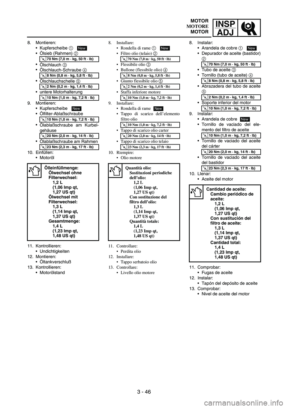 YAMAHA WR 250F 2005 Manuale de Empleo (in Spanish) INSP
ADJ
3 - 46
8. Montieren:
Kupferscheibe
1
Ölsieb (Rahmen)
2
Ölschlauch
3
Ölschlauch-Schraube
4
Ölschlauchschelle
5
untere Motorhalterung
9. Montieren:
Kupferscheibe
Ölfi YAMAHA WR 250F 2005 Manuale de Empleo (in Spanish) INSP
ADJ
3 - 46
8. Montieren:
Kupferscheibe
1
Ölsieb (Rahmen)
2
Ölschlauch
3
Ölschlauch-Schraube
4
Ölschlauchschelle
5
untere Motorhalterung
9. Montieren:
Kupferscheibe
Ölfi