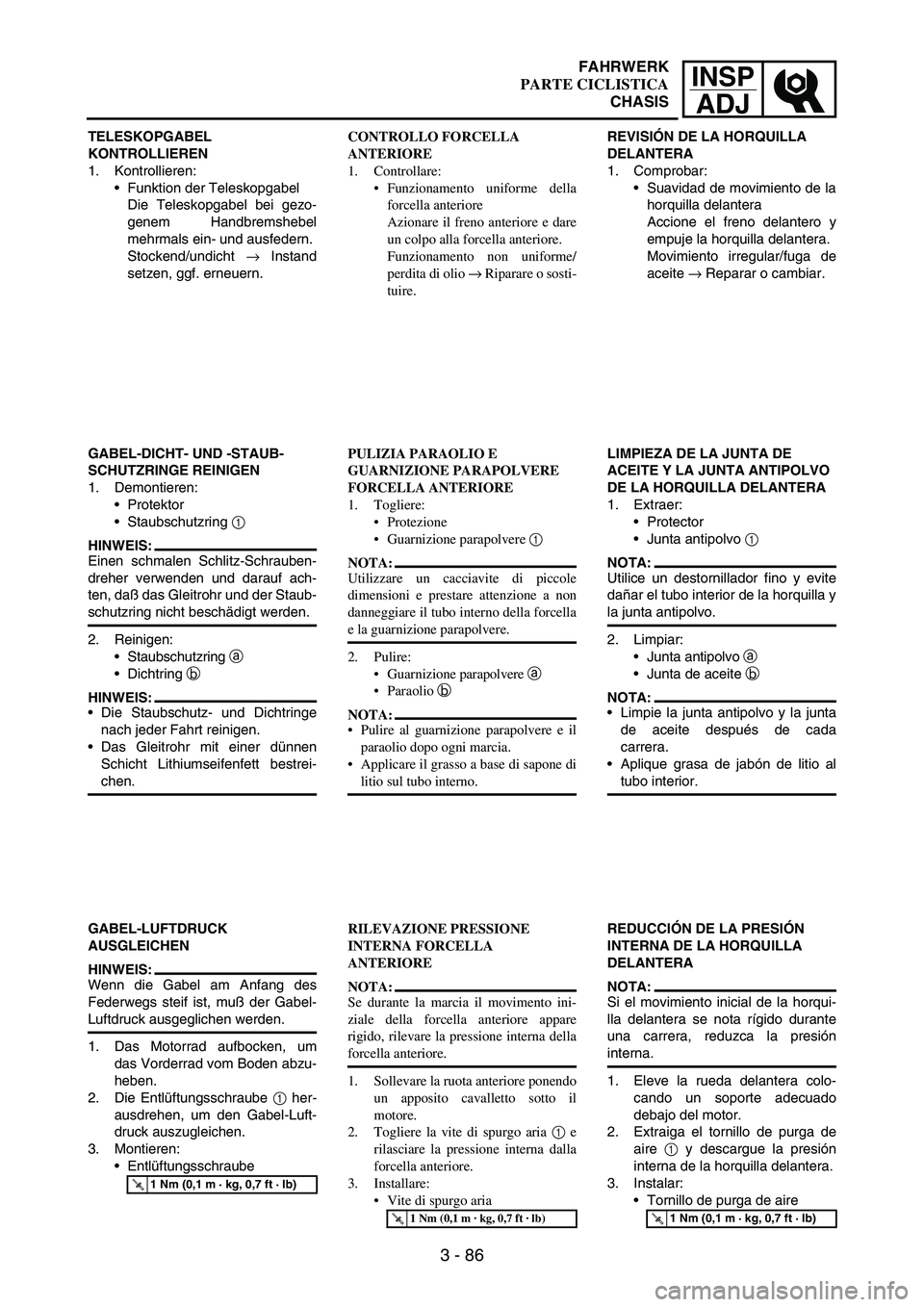 YAMAHA WR 250F 2005 Manuale de Empleo (in Spanish) INSP
ADJ
3 - 86
TELESKOPGABEL
KONTROLLIEREN
1. Kontrollieren:
Funktion der Teleskopgabel
Die Teleskopgabel bei gezo-
genem Handbremshebel
mehrmals ein- und ausfedern.
Stockend/undicht
→ Instand
s YAMAHA WR 250F 2005 Manuale de Empleo (in Spanish) INSP
ADJ
3 - 86
TELESKOPGABEL
KONTROLLIEREN
1. Kontrollieren:
Funktion der Teleskopgabel
Die Teleskopgabel bei gezo-
genem Handbremshebel
mehrmals ein- und ausfedern.
Stockend/undicht
→ Instand
s