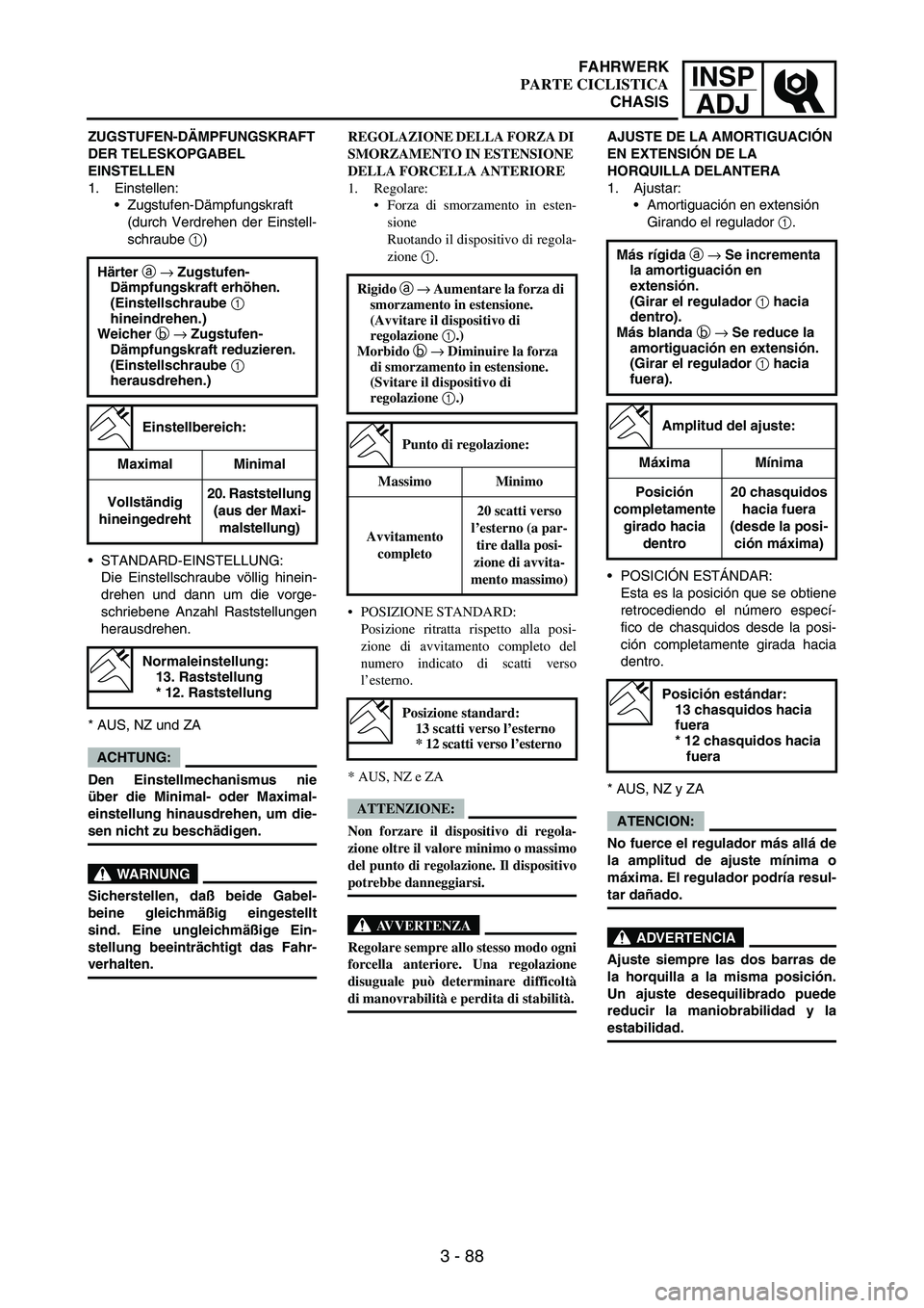 YAMAHA WR 250F 2005 Manuale de Empleo (in Spanish) INSP
ADJ
3 - 88
ZUGSTUFEN-DÄMPFUNGSKRAFT
DER TELESKOPGABEL
EINSTELLEN
1. Einstellen:
Zugstufen-Dämpfungskraft
(durch Verdrehen der Einstell-
schraube
1)
STANDARD-EINSTELLUNG:
Die Einstellschrau YAMAHA WR 250F 2005 Manuale de Empleo (in Spanish) INSP
ADJ
3 - 88
ZUGSTUFEN-DÄMPFUNGSKRAFT
DER TELESKOPGABEL
EINSTELLEN
1. Einstellen:
Zugstufen-Dämpfungskraft
(durch Verdrehen der Einstell-
schraube
1)
STANDARD-EINSTELLUNG:
Die Einstellschrau