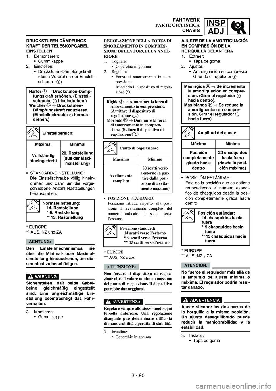 YAMAHA WR 250F 2005 Manuale de Empleo (in Spanish) INSP
ADJ
3 - 90
DRUCKSTUFEN-DÄMPFUNGS-
KRAFT DER TELESKOPGABEL
EINSTELLEN
1. Demontieren:
Gummikappe
2. Einstellen:
Druckstufen-Dämpfungskraft
(durch Verdrehen der Einstell-
schraube
1)
STANDAR YAMAHA WR 250F 2005 Manuale de Empleo (in Spanish) INSP
ADJ
3 - 90
DRUCKSTUFEN-DÄMPFUNGS-
KRAFT DER TELESKOPGABEL
EINSTELLEN
1. Demontieren:
Gummikappe
2. Einstellen:
Druckstufen-Dämpfungskraft
(durch Verdrehen der Einstell-
schraube
1)
STANDAR