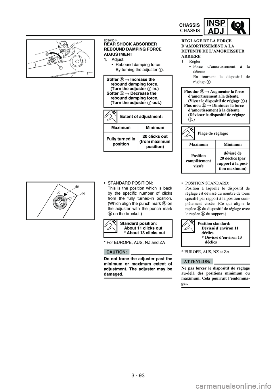 YAMAHA WR 250F 2005 Manuale de Empleo (in Spanish) 3 - 93
INSP
ADJ
EC36N014REAR SHOCK ABSORBER
REBOUND DAMPING FORCE
ADJUSTMENT
1. Adjust:
Rebound damping force
By turning the adjuster
1.
Stiffer a → Increase the
rebound damping force.
(Turn t YAMAHA WR 250F 2005 Manuale de Empleo (in Spanish) 3 - 93
INSP
ADJ
EC36N014REAR SHOCK ABSORBER
REBOUND DAMPING FORCE
ADJUSTMENT
1. Adjust:
Rebound damping force
By turning the adjuster
1.
Stiffer a → Increase the
rebound damping force.
(Turn t