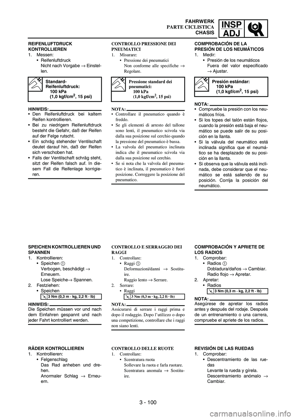 YAMAHA WR 250F 2005 Manuale de Empleo (in Spanish) INSP
ADJ
3 - 100
REIFENLUFTDRUCK
KONTROLLIEREN
1. Messen:
Reifenluftdruck
Nicht nach Vorgabe
→ Einstel-
len.
HINWEIS:
Den Reifenluftdruck bei kaltem
Reifen kontrollieren.
Bei zu niedrigem Reife YAMAHA WR 250F 2005 Manuale de Empleo (in Spanish) INSP
ADJ
3 - 100
REIFENLUFTDRUCK
KONTROLLIEREN
1. Messen:
Reifenluftdruck
Nicht nach Vorgabe
→ Einstel-
len.
HINWEIS:
Den Reifenluftdruck bei kaltem
Reifen kontrollieren.
Bei zu niedrigem Reife