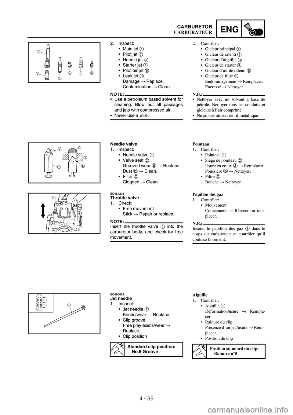 YAMAHA WR 250F 2005 Manuale de Empleo (in Spanish) 4 - 35
ENGCARBURETOR
2. Inspect:
Main jet
1
Pilot jet
2
Needle jet
3
Starter jet
4
Pilot air jet
5
Leak jet
6
Damage
→ Replace.
Contamination
→ Clean.
NOTE:Use a petroleum bas YAMAHA WR 250F 2005 Manuale de Empleo (in Spanish) 4 - 35
ENGCARBURETOR
2. Inspect:
Main jet
1
Pilot jet
2
Needle jet
3
Starter jet
4
Pilot air jet
5
Leak jet
6
Damage
→ Replace.
Contamination
→ Clean.
NOTE:Use a petroleum bas
