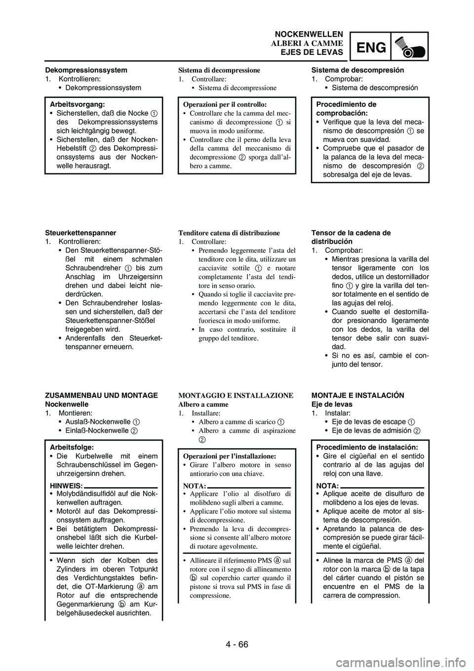 YAMAHA WR 250F 2005 Manuale de Empleo (in Spanish) 4 - 66
ENG
Dekompressionssystem
1. Kontrollieren:
Dekompressionssystem
Arbeitsvorgang:
Sicherstellen, daß die Nocke
1
des Dekompressionssystems
sich leichtgängig bewegt.
Sicherstellen, daß der YAMAHA WR 250F 2005 Manuale de Empleo (in Spanish) 4 - 66
ENG
Dekompressionssystem
1. Kontrollieren:
Dekompressionssystem
Arbeitsvorgang:
Sicherstellen, daß die Nocke
1
des Dekompressionssystems
sich leichtgängig bewegt.
Sicherstellen, daß der