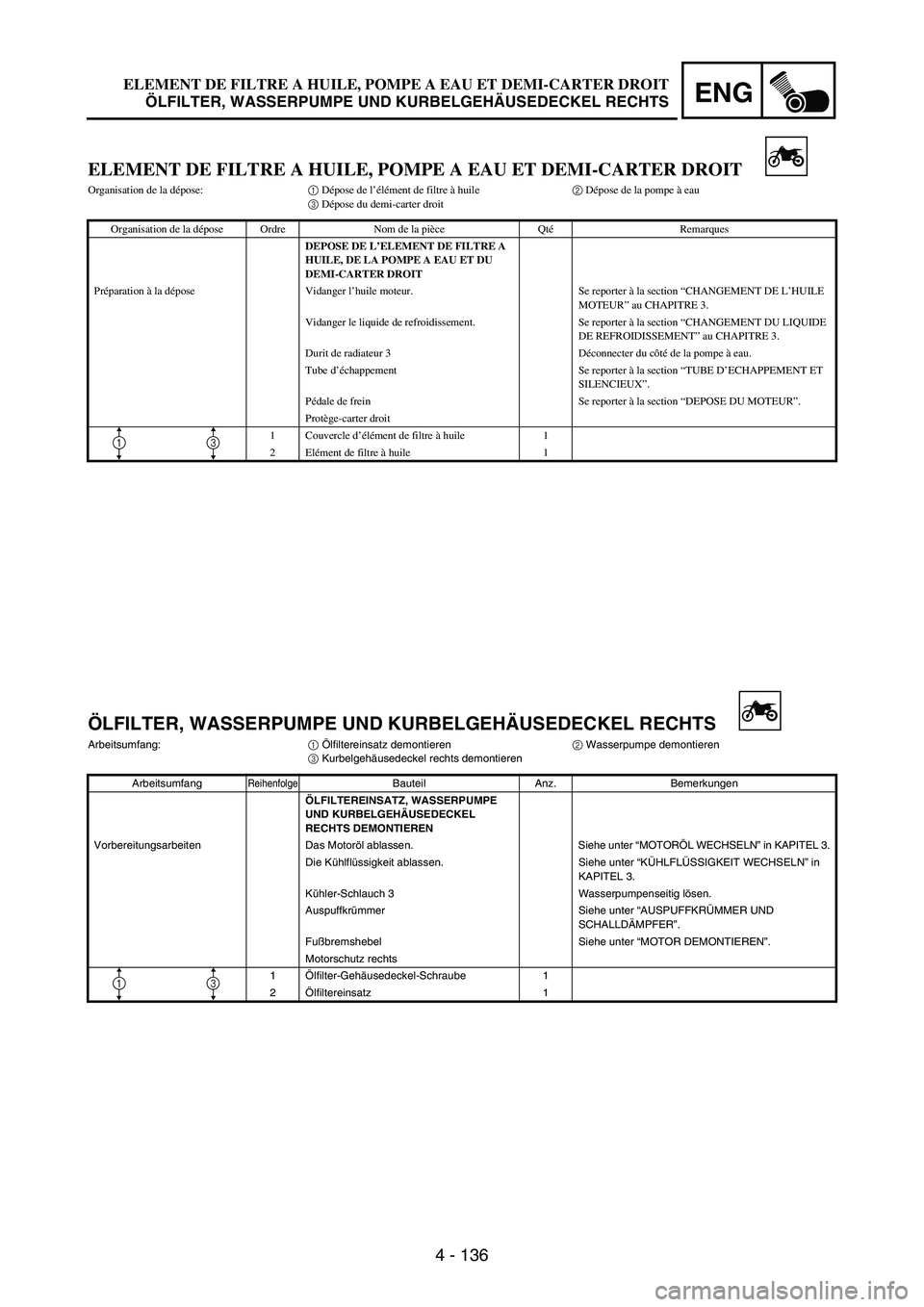 YAMAHA WR 250F 2005  Notices Demploi (in French) 4 - 136
ENG
ELEMENT DE FILTRE A HUILE, POMPE A EAU ET DEMI-CARTER DROIT
Organisation de la dépose:1 Dépose de l’élément de filtre à huile2 Dépose de la pompe à eau
3 Dépose du demi-carter dr