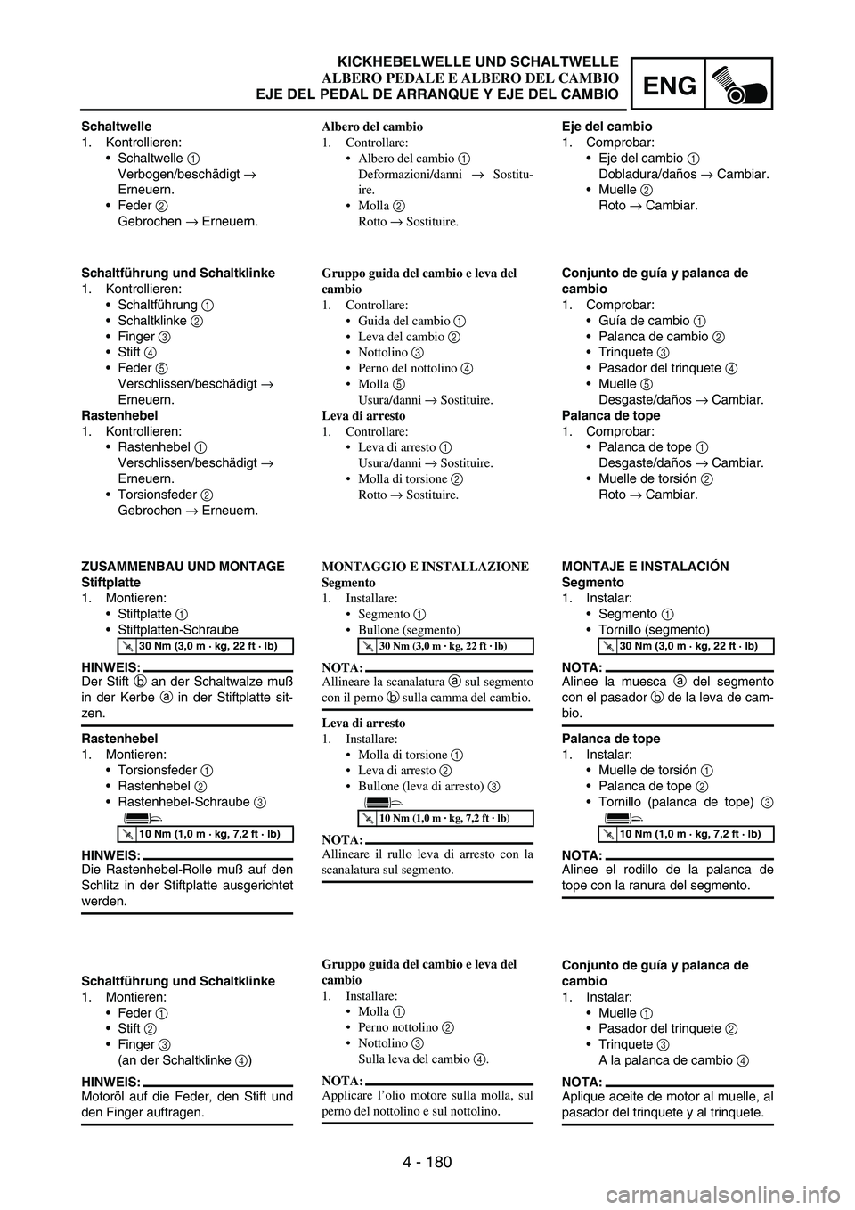 YAMAHA WR 250F 2005 Owners Manual 4 - 180
ENG
Schaltwelle
1. Kontrollieren:
Schaltwelle
1
Verbogen/beschädigt
→
Erneuern.
Feder
2
Gebrochen
→ Erneuern.
Schaltführung und Schaltklinke
1. Kontrollieren:
Schaltführung
1 YAMAHA WR 250F 2005 Owners Manual 4 - 180
ENG
Schaltwelle
1. Kontrollieren:
Schaltwelle
1
Verbogen/beschädigt
→
Erneuern.
Feder
2
Gebrochen
→ Erneuern.
Schaltführung und Schaltklinke
1. Kontrollieren:
Schaltführung
1