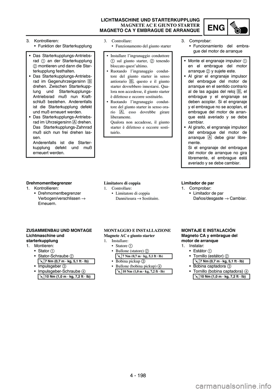 YAMAHA WR 250F 2005 Owners Manual 4 - 198
ENG
3. Kontrollieren:
Funktion der Starterkupplung
Das Starterkupplungs-Antriebs-
rad
1 an der Starterkupplung
2 montieren und dann die Star-
terkupplung festhalten.
Das Starterkupplungs-A YAMAHA WR 250F 2005 Owners Manual 4 - 198
ENG
3. Kontrollieren:
Funktion der Starterkupplung
Das Starterkupplungs-Antriebs-
rad
1 an der Starterkupplung
2 montieren und dann die Star-
terkupplung festhalten.
Das Starterkupplungs-A