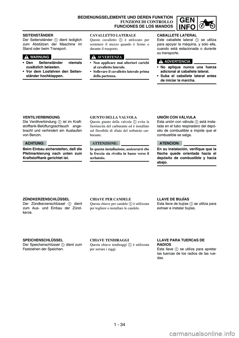 YAMAHA WR 250F 2005  Manuale de Empleo (in Spanish) 1 - 34
GEN
INFO
SEITENSTÄNDER
Der Seitenständer 
1 dient lediglich
zum Abstützen der Maschine im
Stand oder beim Transport.
WARNUNG
Den Seitenständer niemals
zusätzlich belasten.
Vor dem Losfah