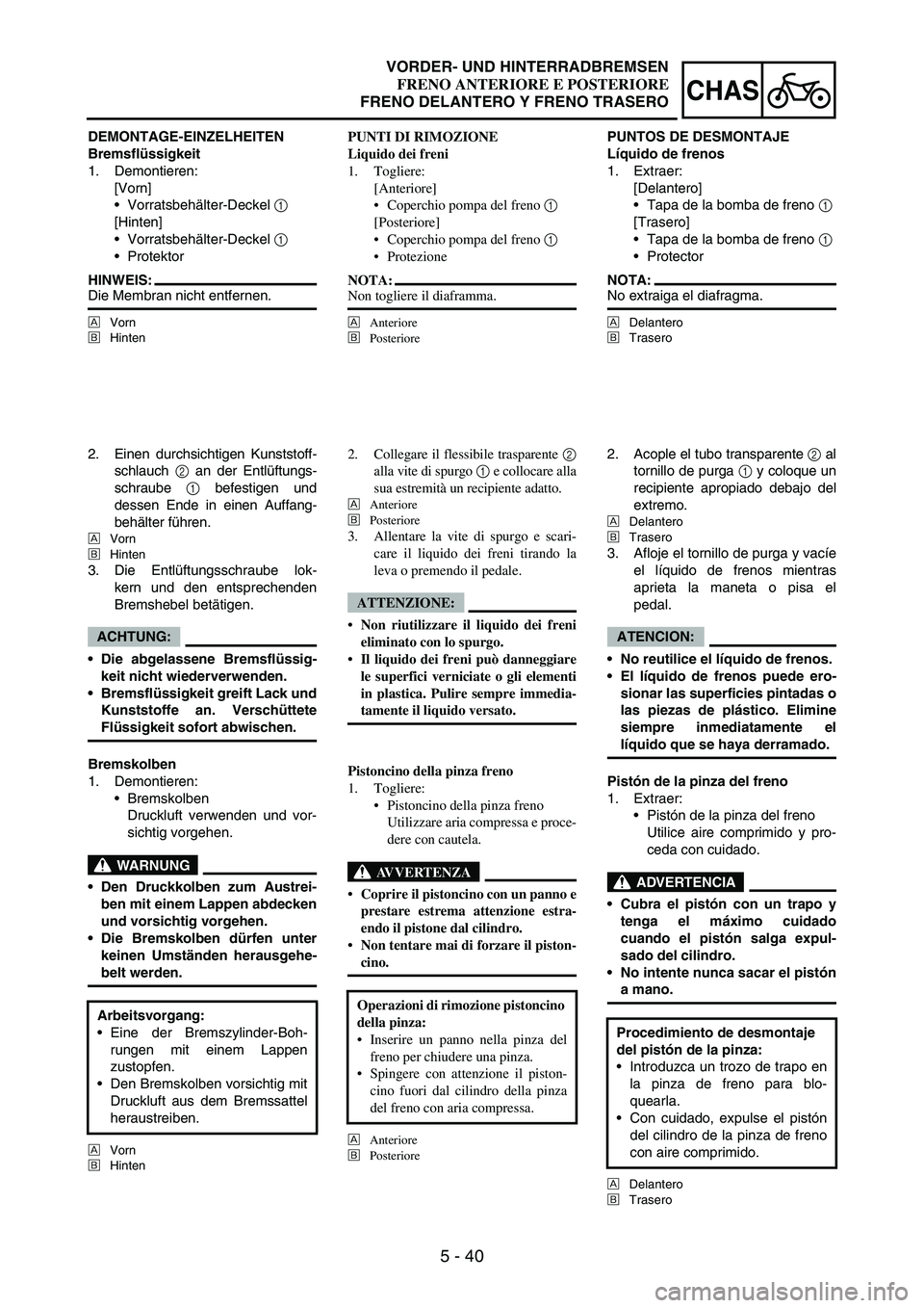 YAMAHA WR 250F 2005  Owners Manual 5 - 40
CHAS
DEMONTAGE-EINZELHEITEN
Bremsflüssigkeit
1. Demontieren:
[Vorn]
Vorratsbehälter-Deckel 
1 
[Hinten]
Vorratsbehälter-Deckel 
1 
Protektor
HINWEIS:Die Membran nicht entfernen.
ÈVorn
É