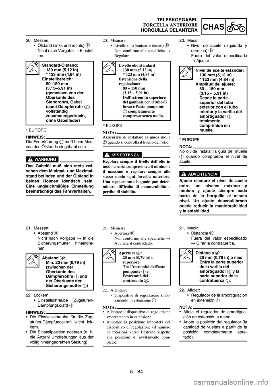 YAMAHA WR 250F 2005 Owners Manual 5 - 84
CHAS
20. Messen:
Ölstand (links und rechts)
a
Nicht nach Vorgabe
→ Einstel-
len.
* EUROPE
HINWEIS:
Die Federführung
2 muß beim Mes-
sen des Ölstands eingebaut sein.
WARNUNG
Das Gabel YAMAHA WR 250F 2005 Owners Manual 5 - 84
CHAS
20. Messen:
Ölstand (links und rechts)
a
Nicht nach Vorgabe
→ Einstel-
len.
* EUROPE
HINWEIS:
Die Federführung
2 muß beim Mes-
sen des Ölstands eingebaut sein.
WARNUNG
Das Gabel