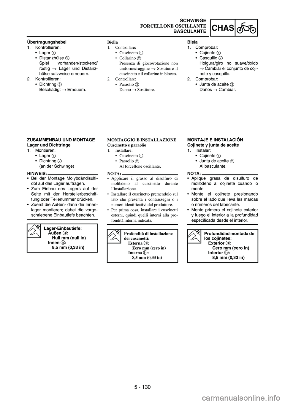 YAMAHA WR 250F 2005 Owners Manual 5 - 130
CHAS
Übertragungshebel
1. Kontrollieren:
Lager
1
Distanzhülse
2
Spiel vorhanden/stockend/
rostig
→ Lager und Distanz-
hülse satzweise erneuern.
2. Kontrollieren:
Dichtring
3
Bes YAMAHA WR 250F 2005 Owners Manual 5 - 130
CHAS
Übertragungshebel
1. Kontrollieren:
Lager
1
Distanzhülse
2
Spiel vorhanden/stockend/
rostig
→ Lager und Distanz-
hülse satzweise erneuern.
2. Kontrollieren:
Dichtring
3
Bes