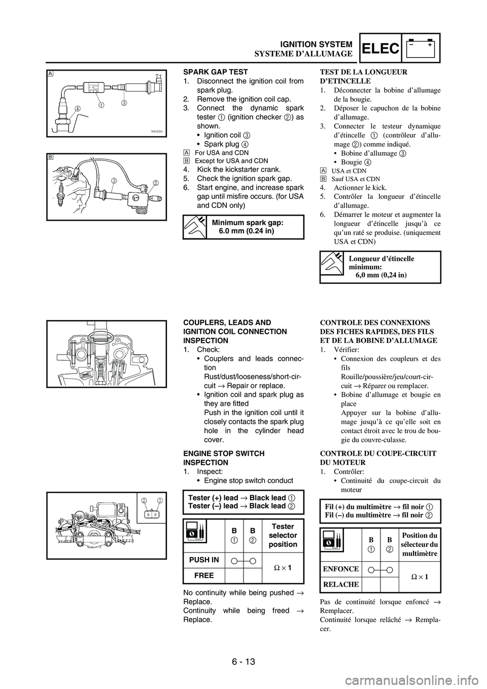 YAMAHA WR 250F 2005 Owners Manual 6 - 13
–+ELECIGNITION SYSTEM
SPARK GAP TEST
1. Disconnect the ignition coil from
spark plug.
2. Remove the ignition coil cap.
3. Connect the dynamic spark
tester
1 (ignition checker
2) as
shown.
YAMAHA WR 250F 2005 Owners Manual 6 - 13
–+ELECIGNITION SYSTEM
SPARK GAP TEST
1. Disconnect the ignition coil from
spark plug.
2. Remove the ignition coil cap.
3. Connect the dynamic spark
tester
1 (ignition checker
2) as
shown.
