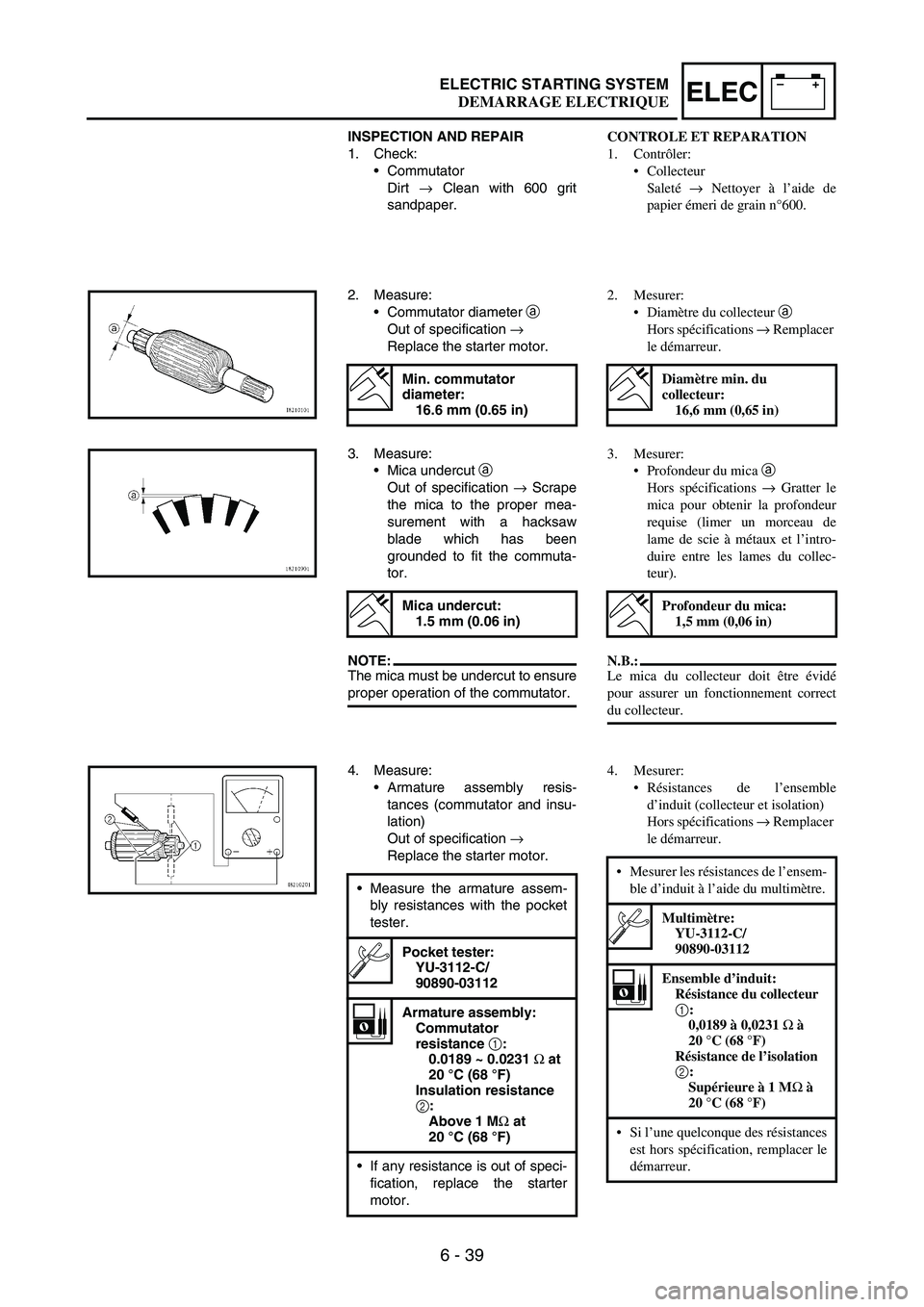 YAMAHA WR 250F 2005 Owners Manual 6 - 39
–+ELECELECTRIC STARTING SYSTEM
INSPECTION AND REPAIR
1. Check:
Commutator
Dirt
→ Clean with 600 grit
sandpaper.
2. Measure:
Commutator diameter
a
Out of specification
→
Replace YAMAHA WR 250F 2005 Owners Manual 6 - 39
–+ELECELECTRIC STARTING SYSTEM
INSPECTION AND REPAIR
1. Check:
Commutator
Dirt
→ Clean with 600 grit
sandpaper.
2. Measure:
Commutator diameter
a
Out of specification
→
Replace