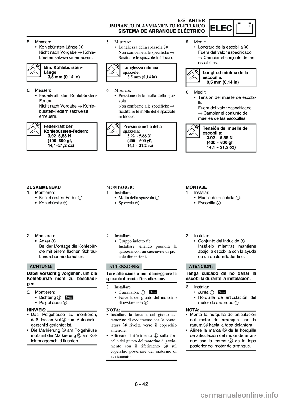 YAMAHA WR 250F 2005 Owners Manual 6 - 42
–+ELEC
5. Messen:
Kohlebürsten-Länge
a
Nicht nach Vorgabe
→ Kohle-
bürsten satzweise erneuern.
Min. Kohlebürsten-
Länge:
3,5 mm (0,14 in)
6. Messen:
Federkraft der Kohlebürsten- YAMAHA WR 250F 2005 Owners Manual 6 - 42
–+ELEC
5. Messen:
Kohlebürsten-Länge
a
Nicht nach Vorgabe
→ Kohle-
bürsten satzweise erneuern.
Min. Kohlebürsten-
Länge:
3,5 mm (0,14 in)
6. Messen:
Federkraft der Kohlebürsten-