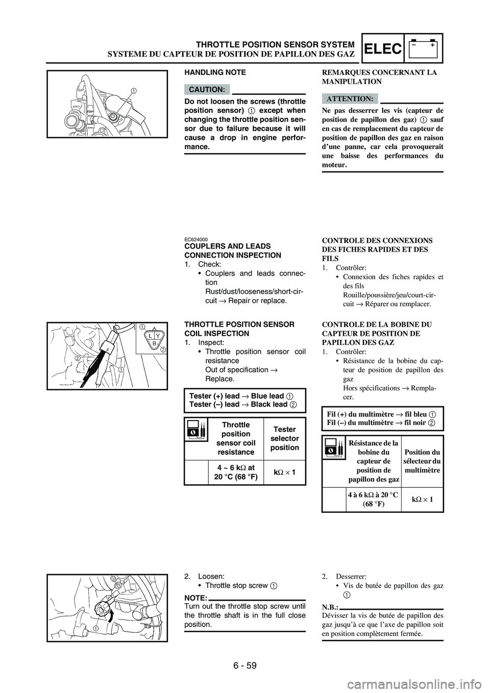 YAMAHA WR 250F 2005 Owners Manual 6 - 59
–+ELECTHROTTLE POSITION SENSOR SYSTEM
HANDLING NOTE
CAUTION:
Do not loosen the screws (throttle
position sensor) 1
except when
changing the throttle position sen-
sor due to failure because YAMAHA WR 250F 2005 Owners Manual 6 - 59
–+ELECTHROTTLE POSITION SENSOR SYSTEM
HANDLING NOTE
CAUTION:
Do not loosen the screws (throttle
position sensor) 1
except when
changing the throttle position sen-
sor due to failure because