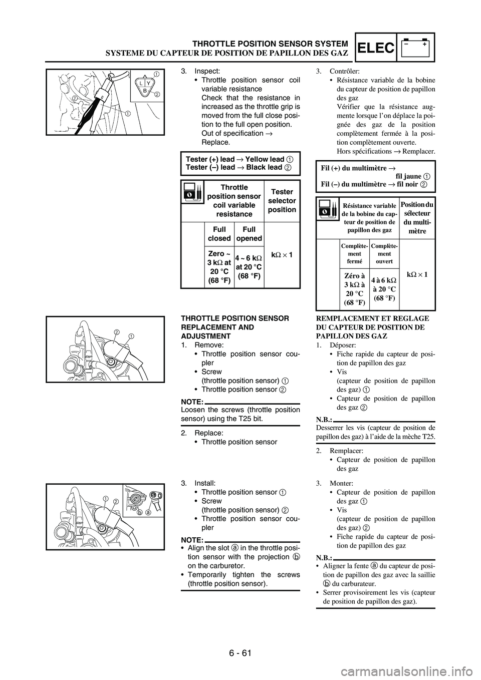 YAMAHA WR 250F 2005 Owners Manual 6 - 61
–+ELECTHROTTLE POSITION SENSOR SYSTEM
3. Inspect:
Throttle position sensor coil
variable resistance
Check that the resistance in
increased as the throttle grip is
moved from the full close p YAMAHA WR 250F 2005 Owners Manual 6 - 61
–+ELECTHROTTLE POSITION SENSOR SYSTEM
3. Inspect:
Throttle position sensor coil
variable resistance
Check that the resistance in
increased as the throttle grip is
moved from the full close p