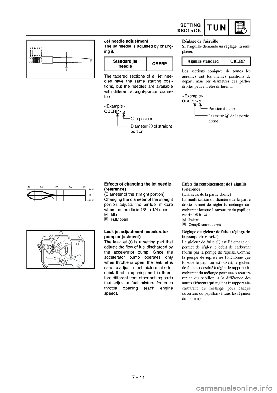 YAMAHA WR 250F 2005 Owners Manual 7 - 11
TUNSETTING
Jet needle adjustment
The jet needle is adjusted by chang-
ing it.
The tapered sections of all jet nee-
dles have the same starting posi-
tions, but the needles are available
with di YAMAHA WR 250F 2005 Owners Manual 7 - 11
TUNSETTING
Jet needle adjustment
The jet needle is adjusted by chang-
ing it.
The tapered sections of all jet nee-
dles have the same starting posi-
tions, but the needles are available
with di