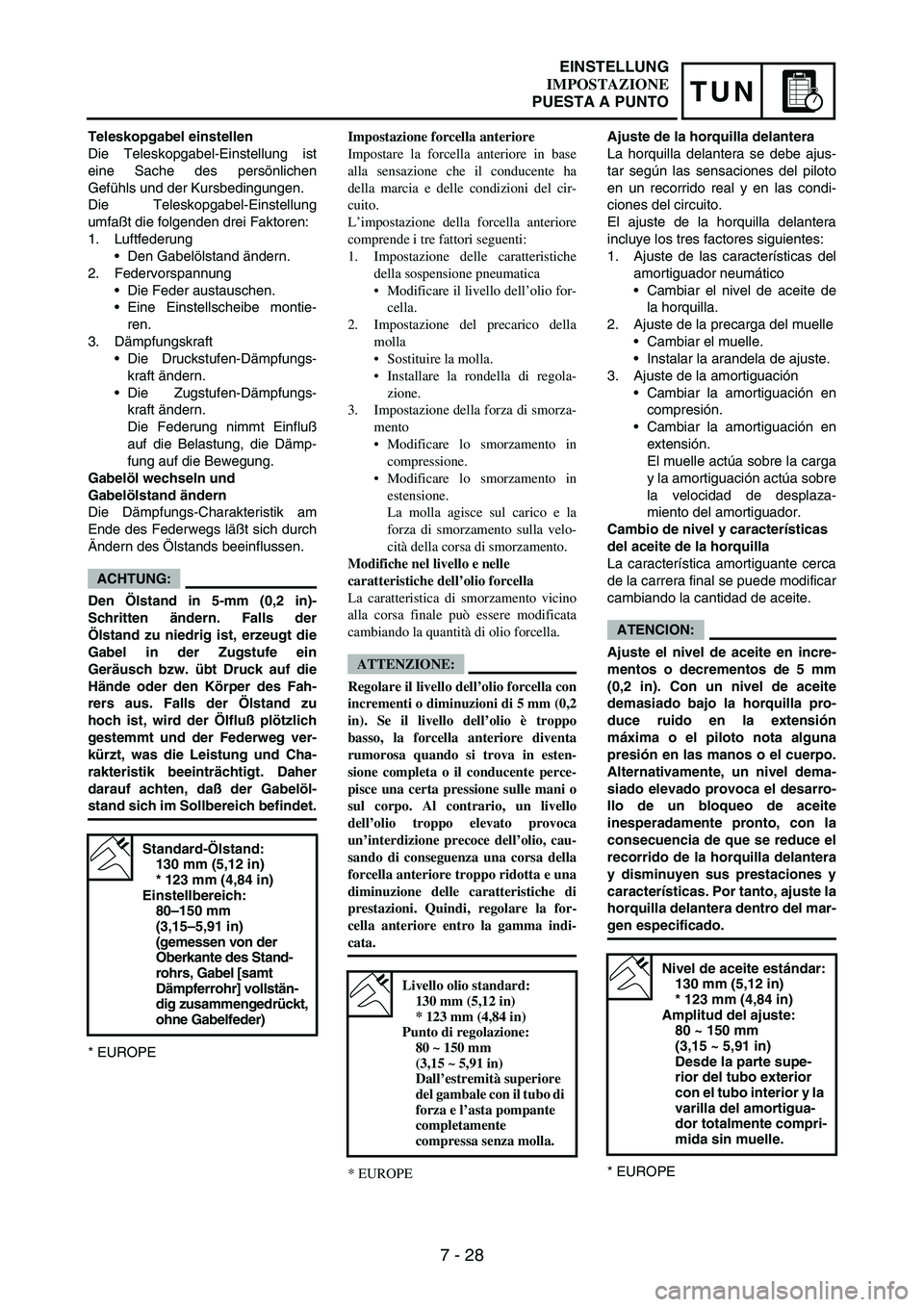 YAMAHA WR 250F 2005 Owners Manual 7 - 28
TUN
Teleskopgabel einstellen
Die Teleskopgabel-Einstellung ist
eine Sache des persönlichen
Gefühls und der Kursbedingungen.
Die Teleskopgabel-Einstellung
umfaßt die folgenden drei Faktoren:
YAMAHA WR 250F 2005 Owners Manual 7 - 28
TUN
Teleskopgabel einstellen
Die Teleskopgabel-Einstellung ist
eine Sache des persönlichen
Gefühls und der Kursbedingungen.
Die Teleskopgabel-Einstellung
umfaßt die folgenden drei Faktoren:
