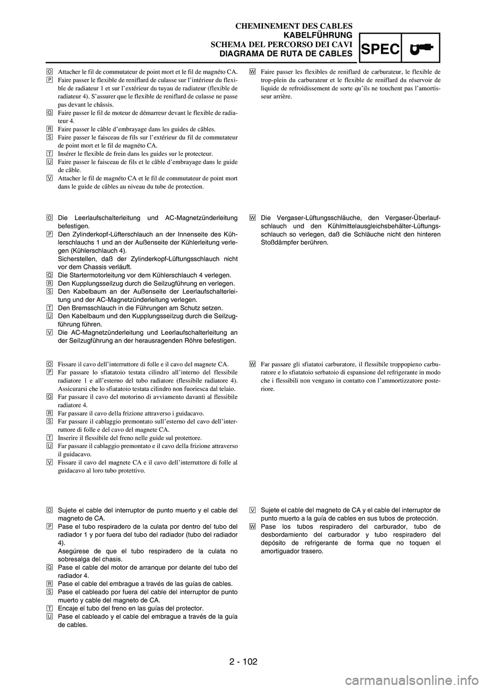 YAMAHA WR 250F 2004  Owners Manual 2 - 102
SPEC
ÖAttacher le fil de commutateur de point mort et le fil de magnéto CA.
×Faire passer le flexible de reniflard de culasse sur l’intérieur du flexi-
ble de radiateur 1 et sur l’ext