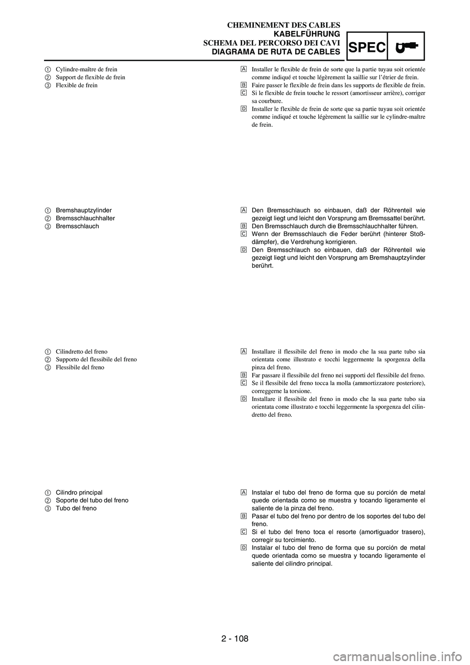 YAMAHA WR 250F 2004  Owners Manual 2 - 108
SPEC
1Cylindre-maître de frein
2Support de flexible de frein
3Flexible de freinÈInstaller le flexible de frein de sorte que la partie tuyau soit orientée
comme indiqué et touche légèreme