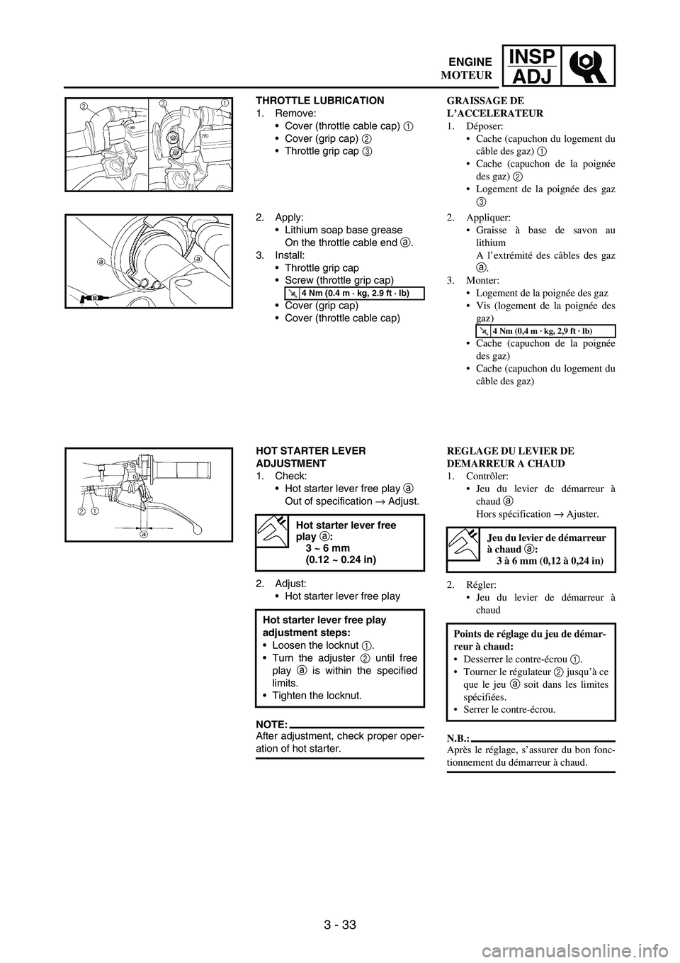 YAMAHA WR 250F 2004 User Guide 3 - 33
INSP
ADJ
THROTTLE LUBRICATION
1. Remove:
Cover (throttle cable cap) 
1 
Cover (grip cap) 
2 
Throttle grip cap 
3 
2. Apply:
Lithium soap base grease
On the throttle cable end 
a.
3. Instal